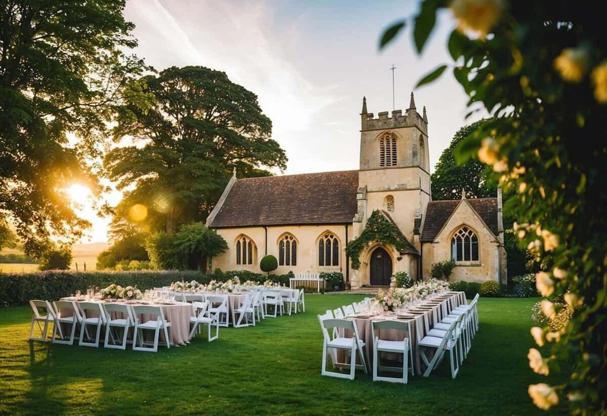 A picturesque English countryside setting with a charming old church and a beautifully decorated outdoor reception area, bathed in the warm glow of the setting sun