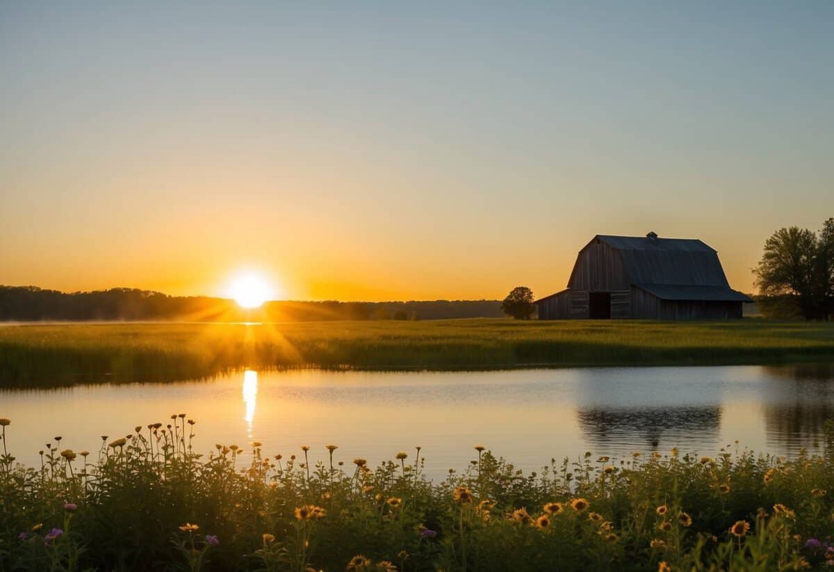 A golden sun setting over a serene lake, with a flower-filled meadow and a rustic barn in the background