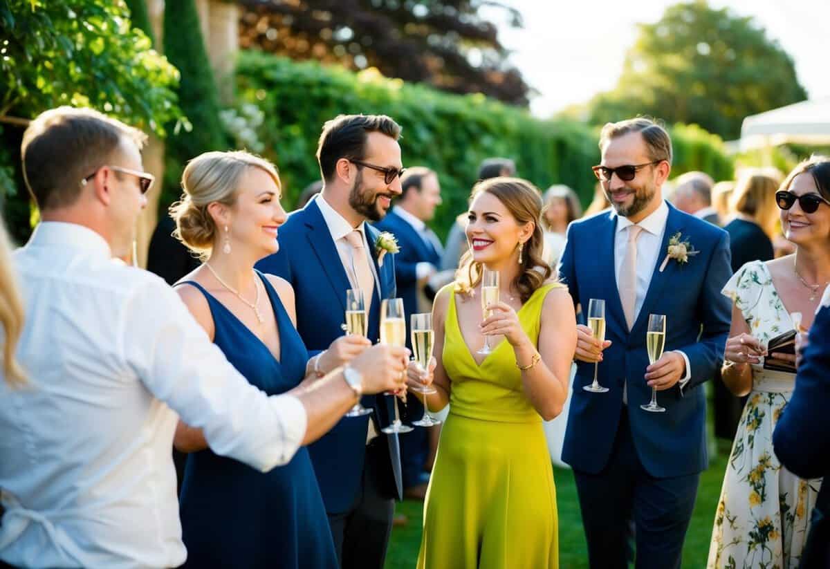 Guests mingle in a sunlit garden, sipping champagne and enjoying live music. A relaxed, joyful atmosphere fills the air as the celebration continues into the evening