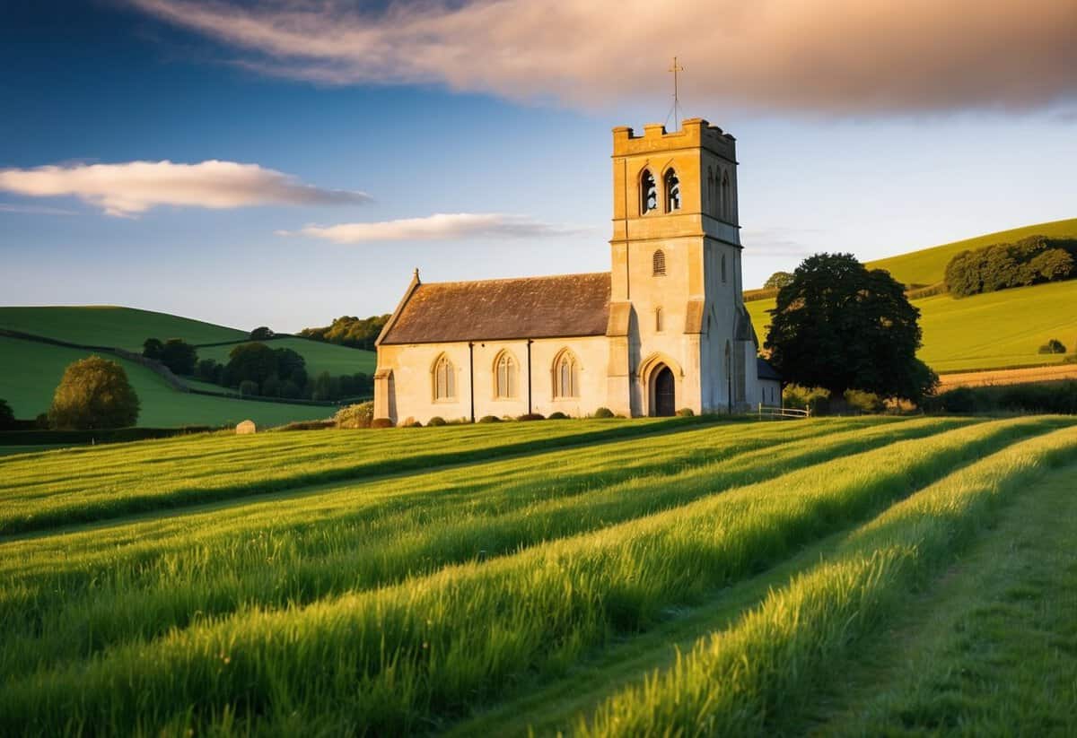 A picturesque English countryside wedding at sunset. A quaint church with a bell tower, surrounded by rolling green hills and a clear blue sky