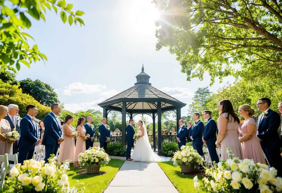 A bright, sunny afternoon in a lush garden with a gazebo and blooming flowers, surrounded by friends and family, is the perfect setting for a wedding ceremony