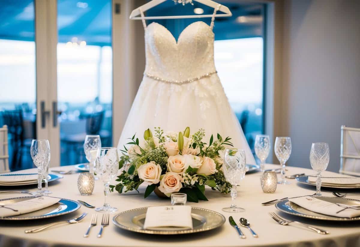 A table set with a floral centerpiece, place settings, and sparkling glassware. A wedding gown hangs from a decorative hanger, surrounded by delicate jewelry and a bouquet of flowers