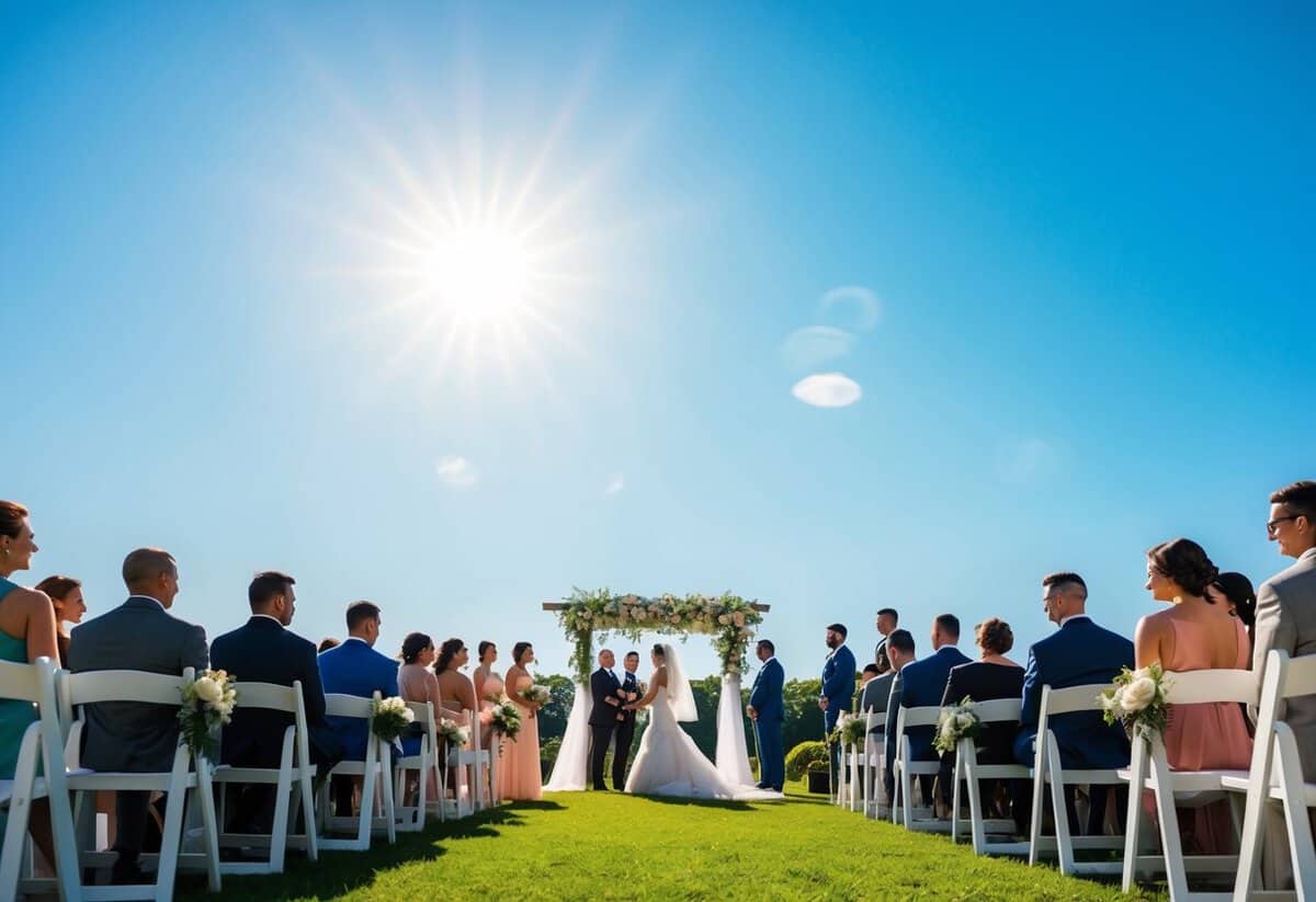 A bright, sunny afternoon with a clear blue sky, showcasing a beautiful outdoor wedding ceremony with a picturesque backdrop