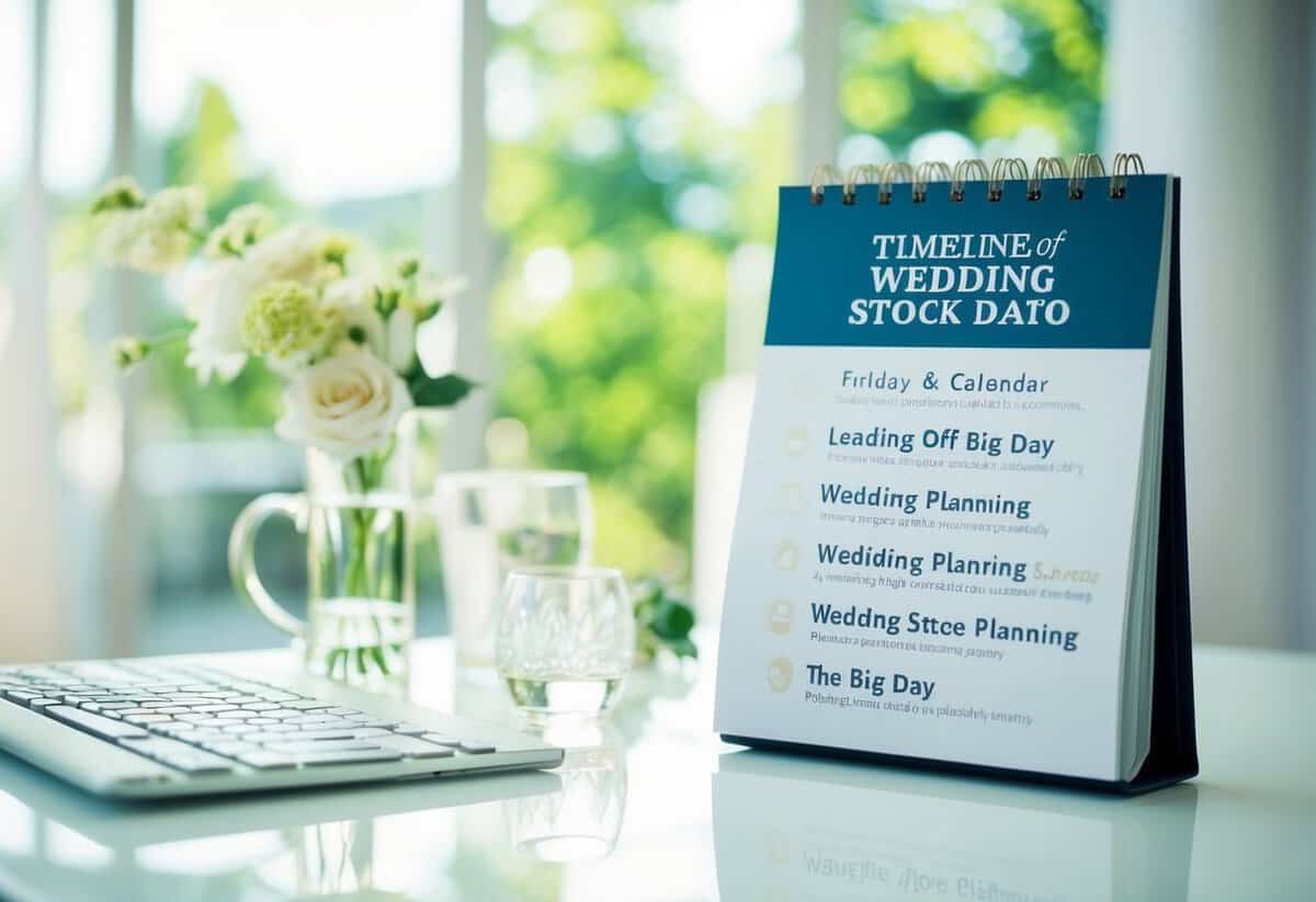 A calendar with a timeline of wedding planning stages, leading up to a depiction of the big day