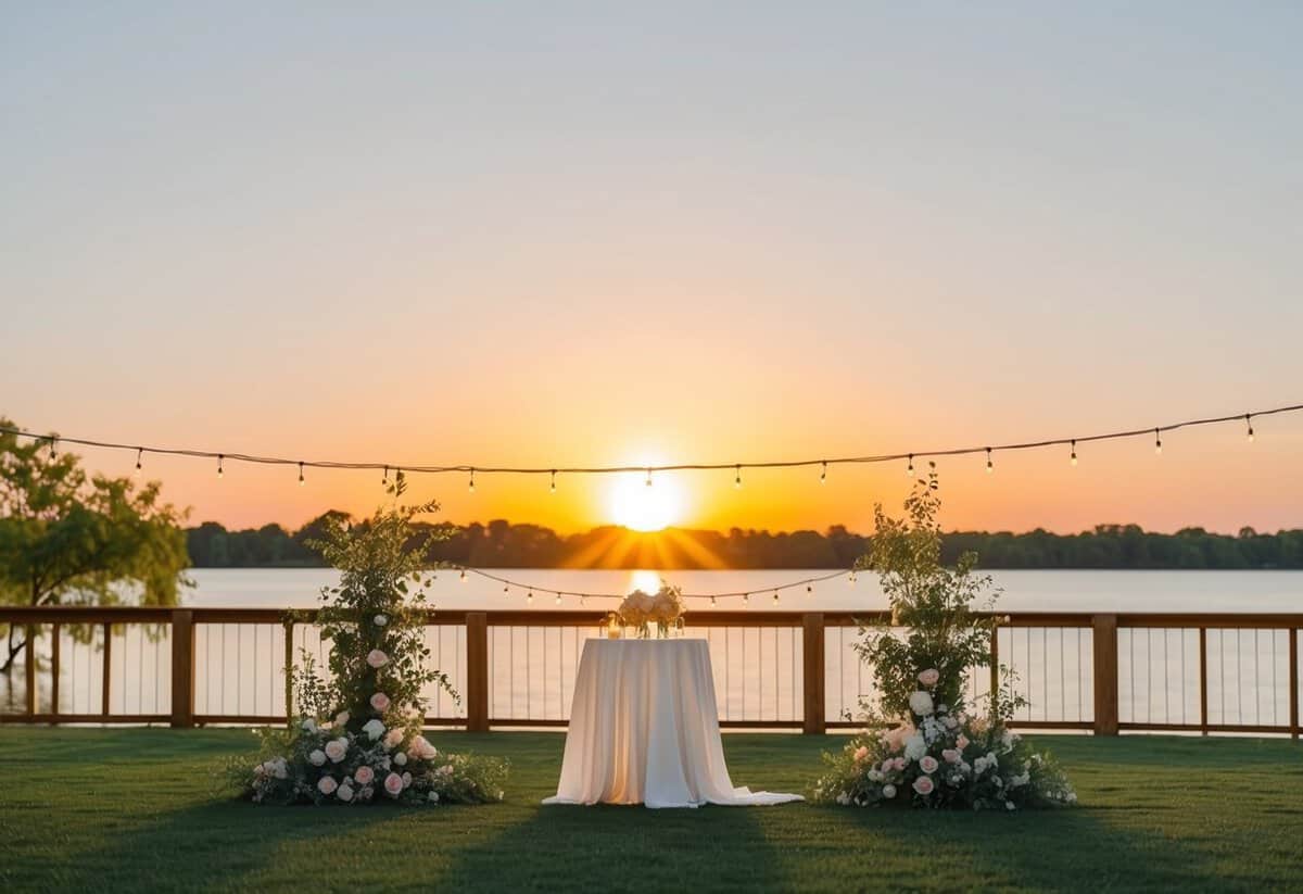 A sun setting behind a serene outdoor wedding venue, with string lights and floral decorations, indicating a long, leisurely celebration