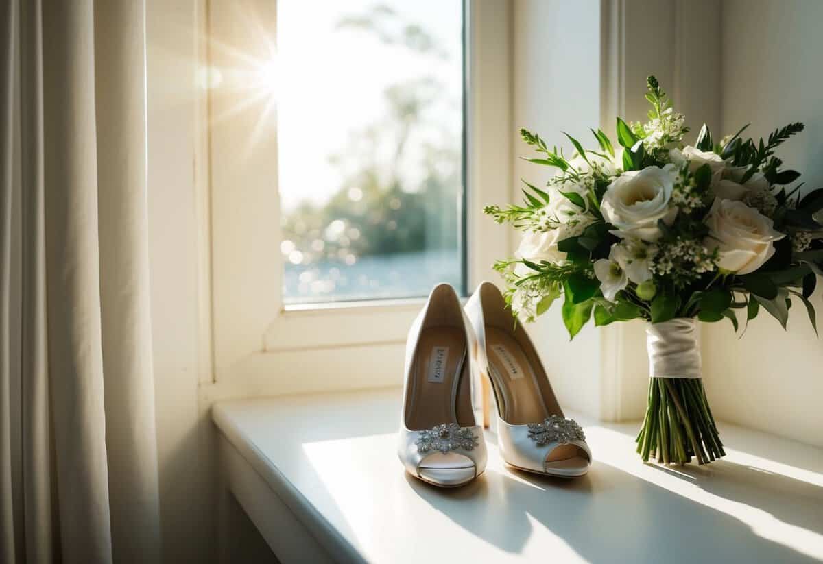 A wedding day: morning sunlight streams through a window onto a sparkling white dress, a bouquet of flowers, and a pair of elegant shoes