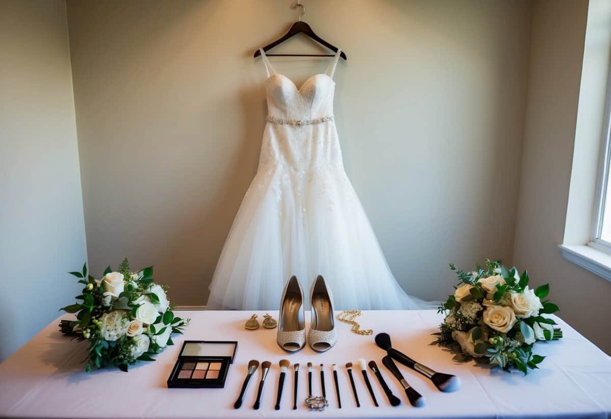 The bride's dress hangs on a hanger, surrounded by a bouquet, shoes, and jewelry. A makeup artist's tools are laid out on a table, ready for use