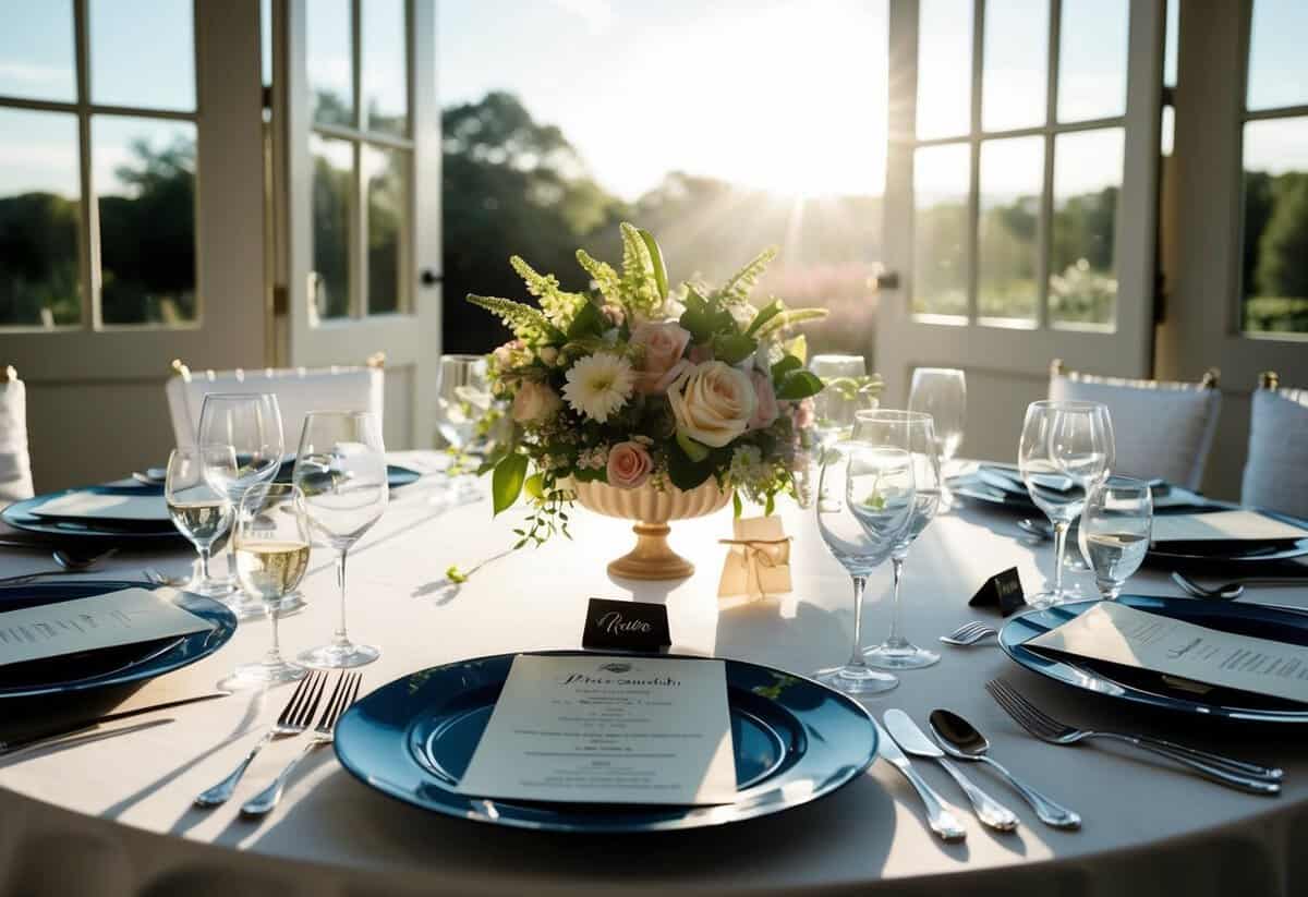 Morning sunlight streams through open windows onto a table set with elegant place settings and floral centerpieces. A wedding program and menu sit neatly at each seat, ready for the day's festivities
