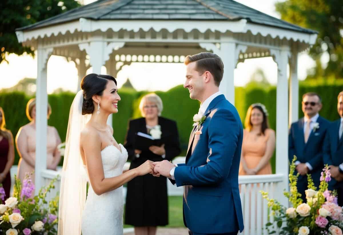 A couple exchanging vows in a garden gazebo with flowers and a small audience