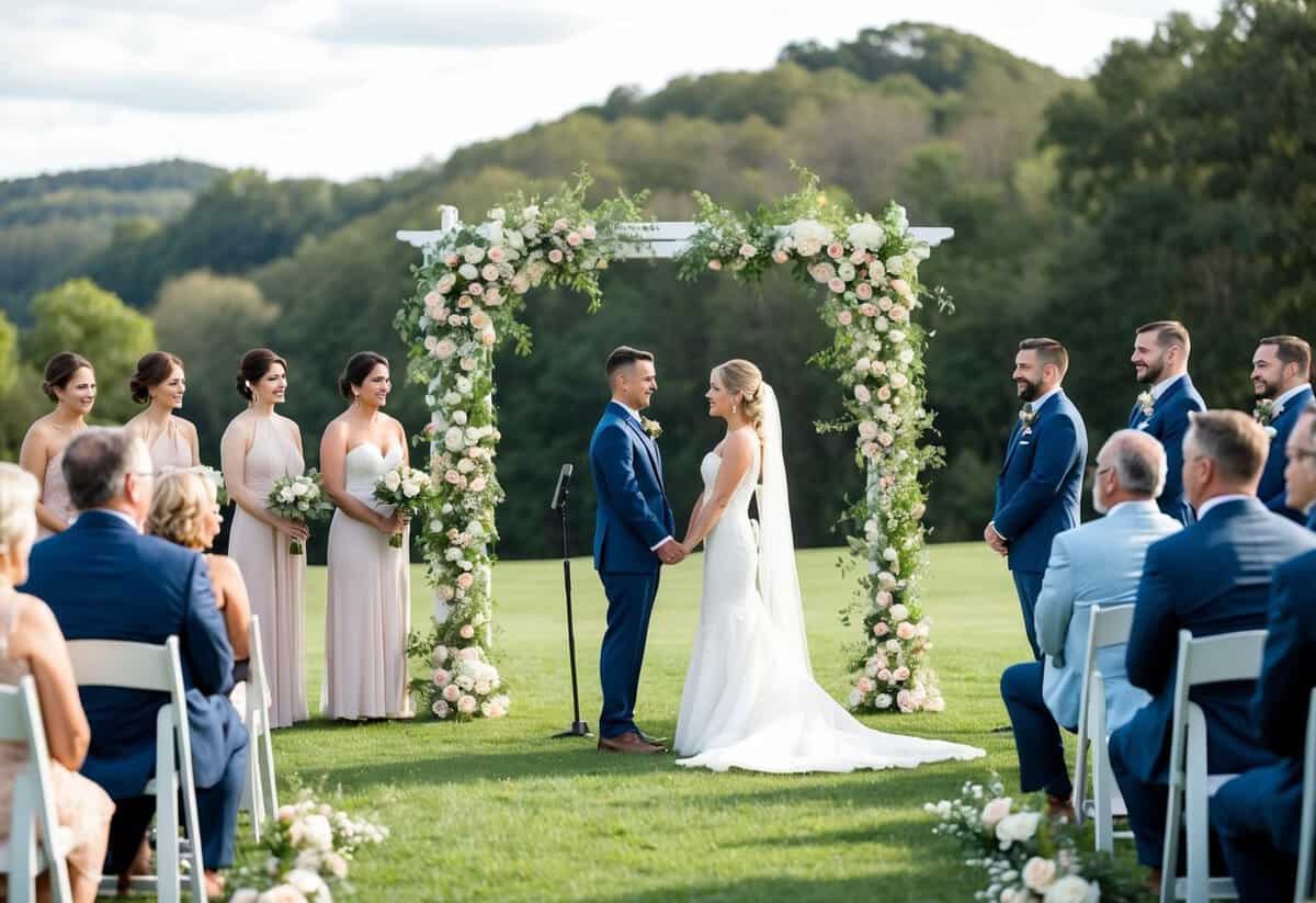A bride and groom stand beneath a flower-covered arch. A small crowd of family and friends watches as the officiant leads a brief, but meaningful, wedding ceremony