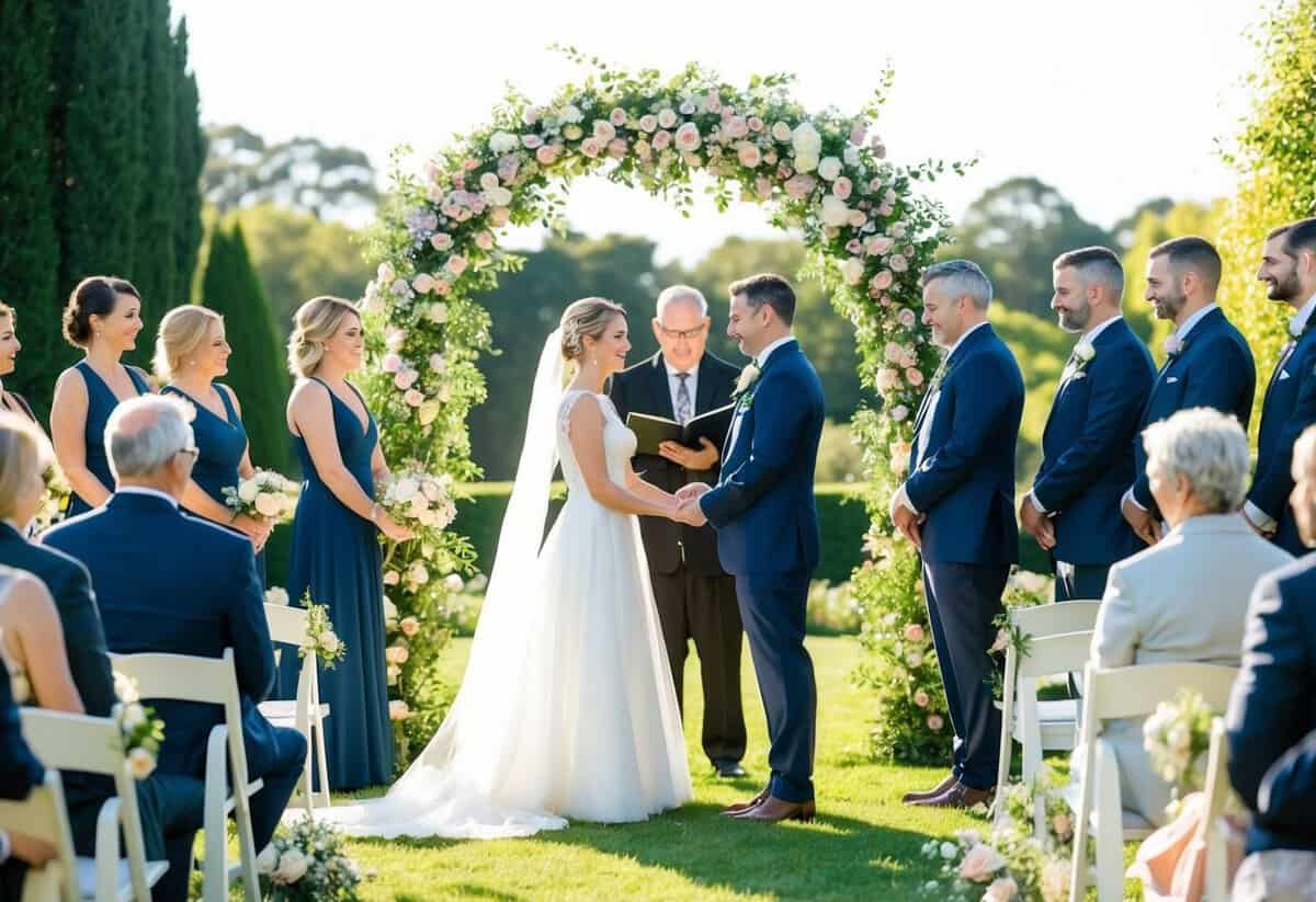 A couple stands beneath a floral arch in a sunlit garden, surrounded by family and friends. A minister leads a brief and intimate wedding ceremony