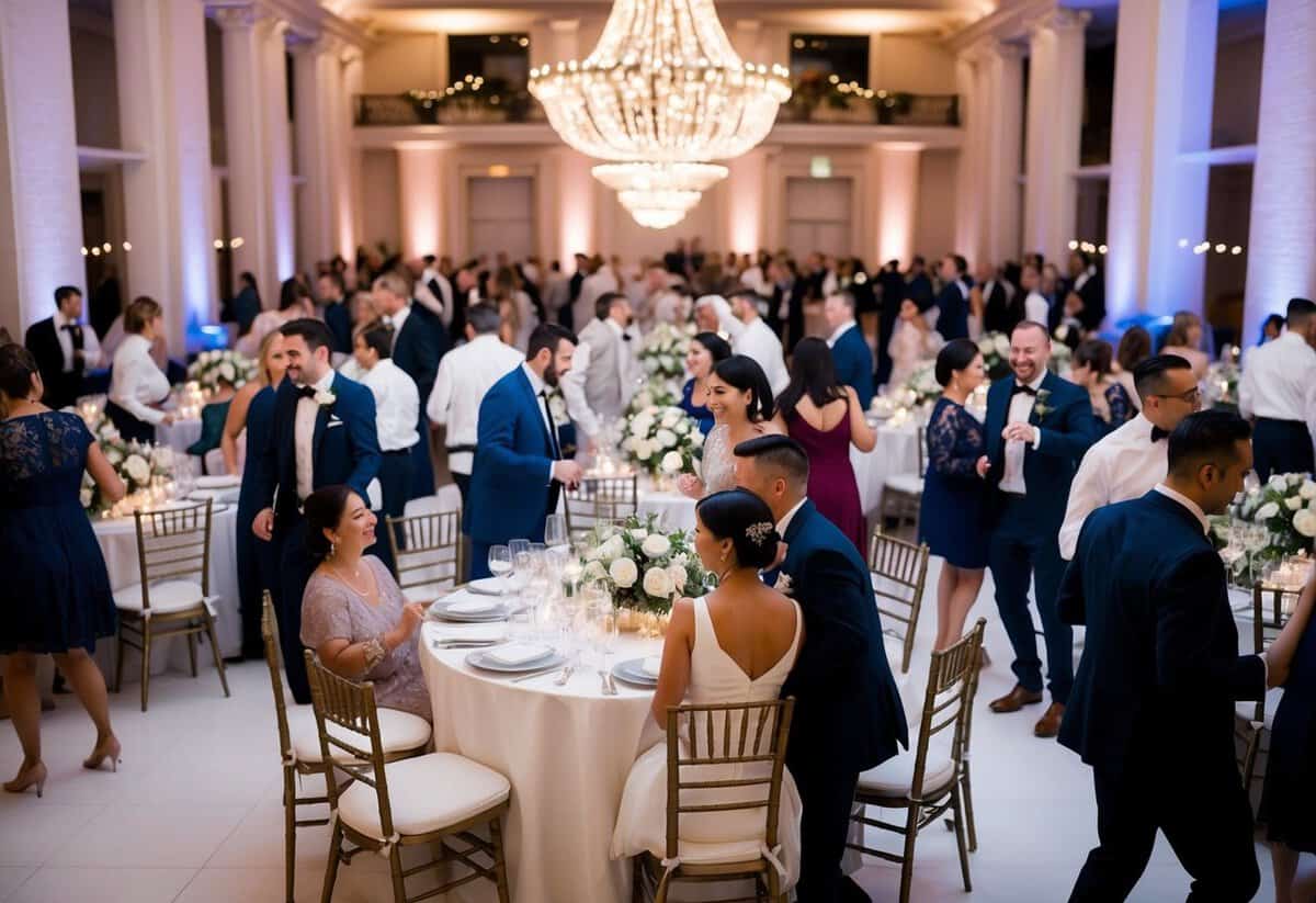 A festive reception takes place in a grand hall, with tables adorned in white linens and floral centerpieces. Guests mingle and dance under twinkling lights.