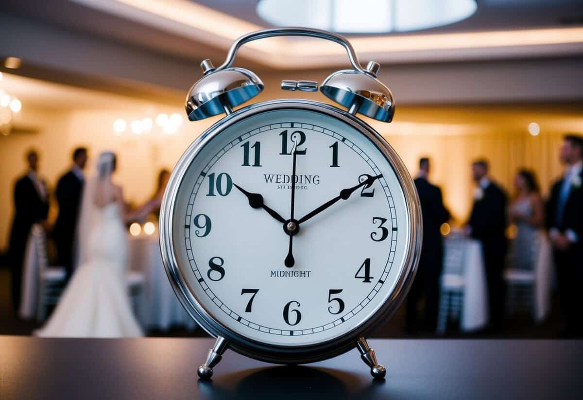 A clock showing the time at midnight with a wedding venue in the background, indicating a late end to the celebration