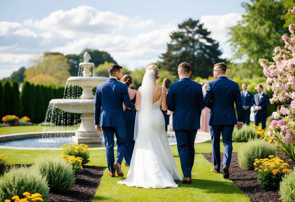 Guests move from ceremony to reception, passing through a scenic garden with blooming flowers and a serene fountain