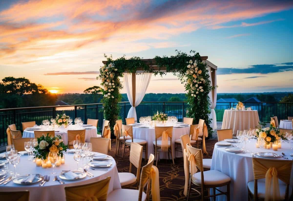 A wedding venue with elegant decorations, tables set for a reception, and a beautiful view of the sunset.