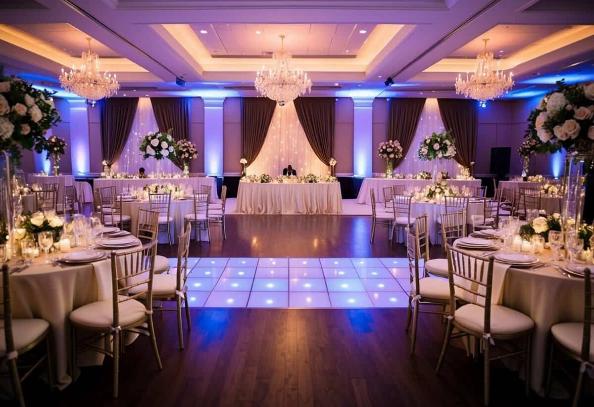 A festive reception set-up with floral centerpieces and elegant table settings, complete with a dance floor and twinkling lights, awaits guests after a beautiful wedding ceremony.