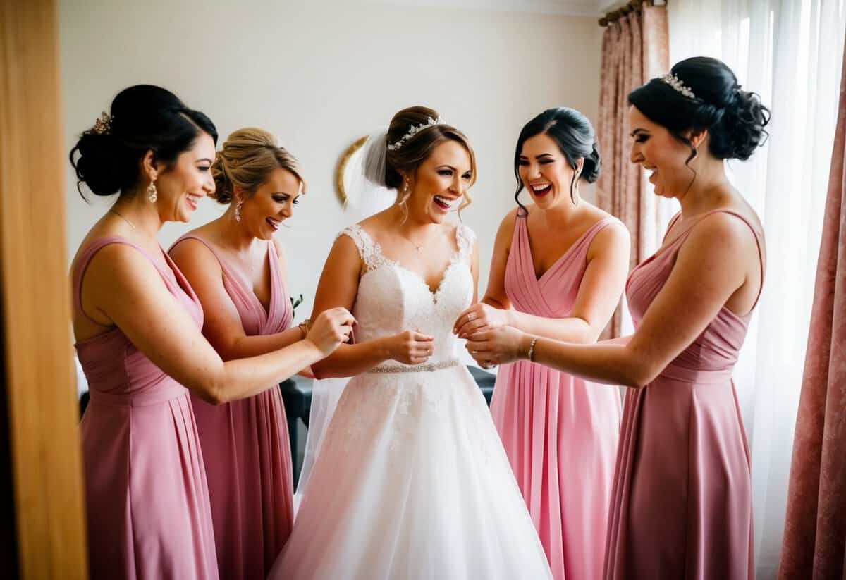 Bridesmaids prepare with bride in a sunlit room. Makeup, hair, and laughter fill the air as they help her into her gown