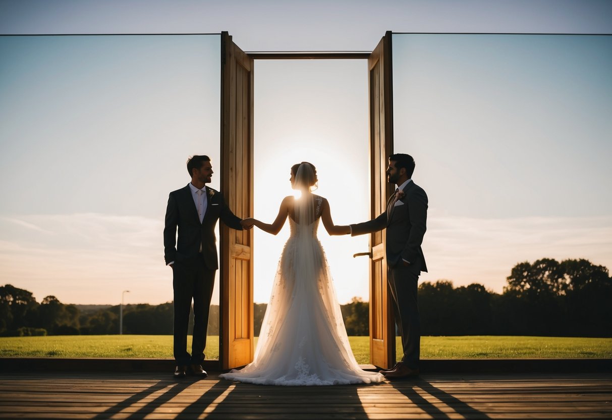 The bride and groom stand on opposite sides of a wooden door, their shadows stretching towards each other in the soft light of the setting sun