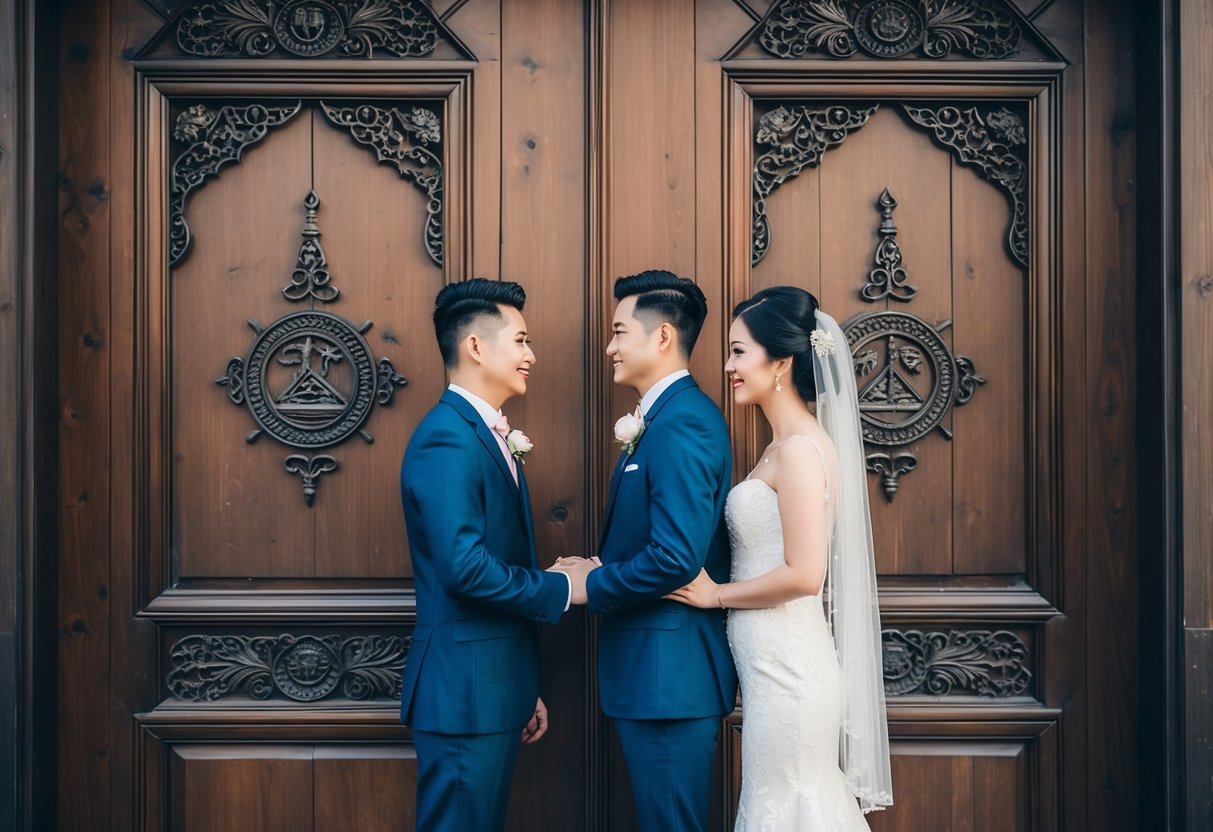 A bride and groom stand on opposite sides of a traditional wooden door, adorned with intricate carvings and symbols, symbolizing the historical significance of pre-wedding separation