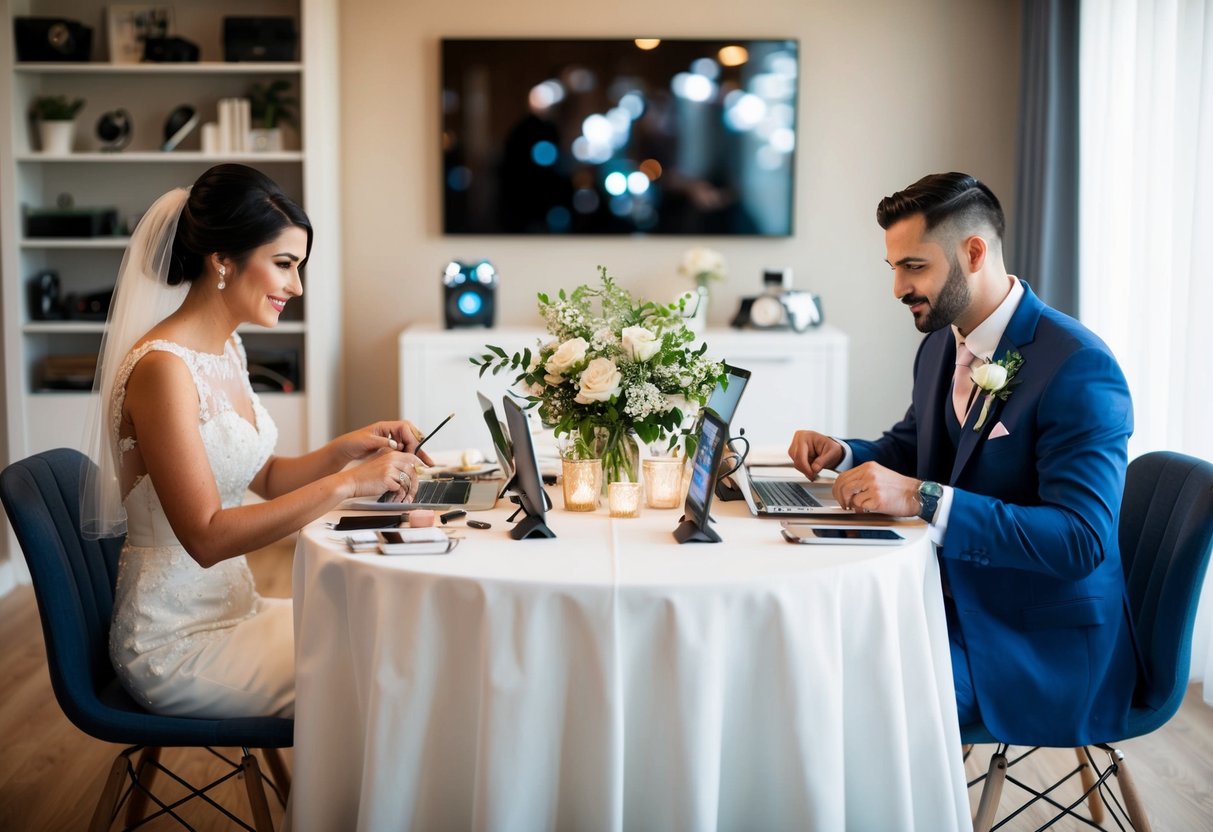 A bride and groom sit on opposite sides of a table, each engrossed in their own activities. The room is filled with modern gadgets and decor, symbolizing their individual lives before coming together for their wedding