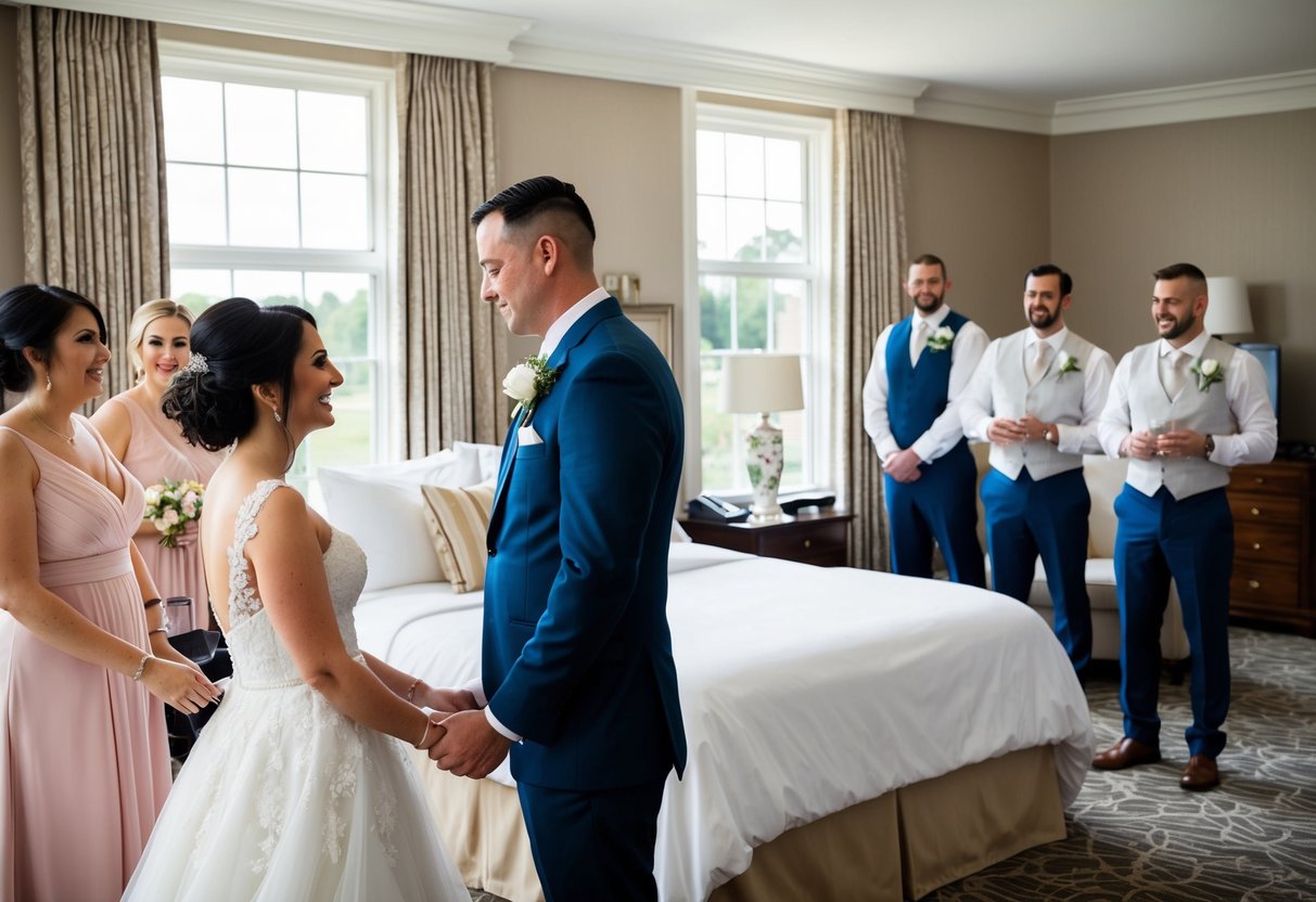 The bride and groom stay apart for 24 hours before the wedding. The bride spends the day with her bridesmaids getting ready, while the groom relaxes with his groomsmen at a nearby hotel