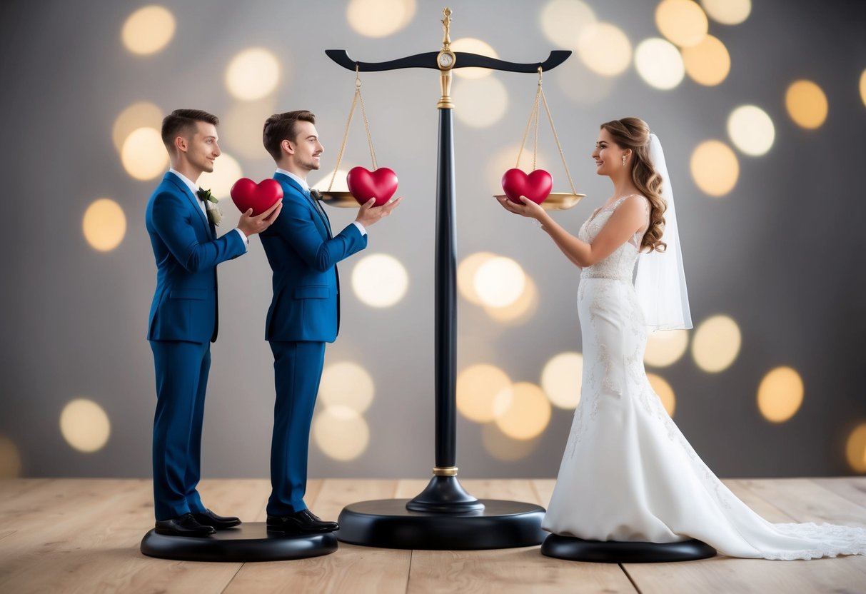A bride and groom stand on opposite sides of a scale, each holding a heart in their hands, trying to balance their own desires with their commitment to each other