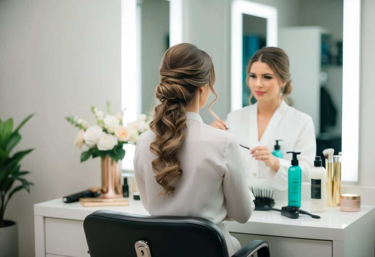 A stylist carefully arranges hair in an elegant updo, surrounded by hair tools and products on a clean, well-lit vanity