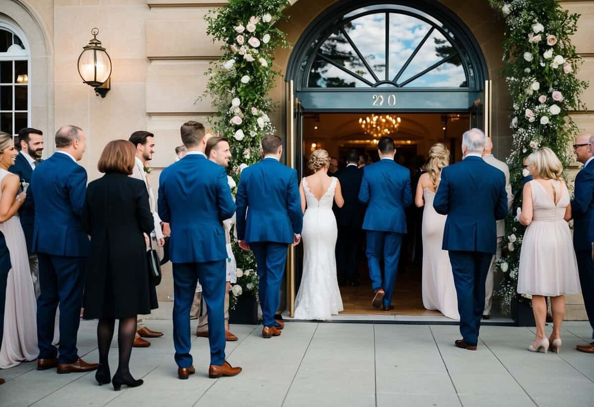Guests arriving at a wedding venue, with a few early birds mingling outside the adorned entrance, while others start to form a line to enter the building