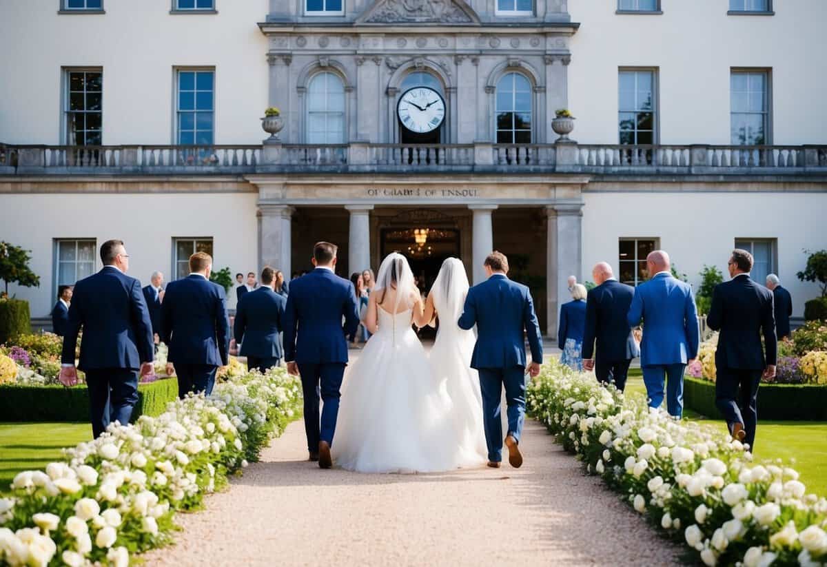 Guests arrive at a grand wedding venue, adorned with flowers and elegant decor. A clock on the wall shows the time, indicating the importance of arriving early for the ceremony