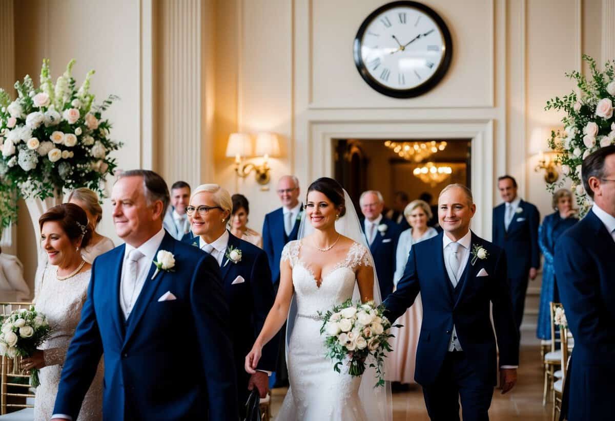 Guests arrive at a grand wedding venue, adorned with flowers and elegant decor. A clock on the wall shows the time, indicating the importance of punctuality for the event