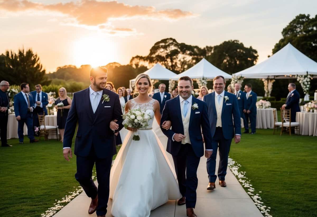 Guests arriving at a wedding venue, with a picturesque outdoor setting and elegant decorations. Sun setting in the background, creating a warm and romantic atmosphere
