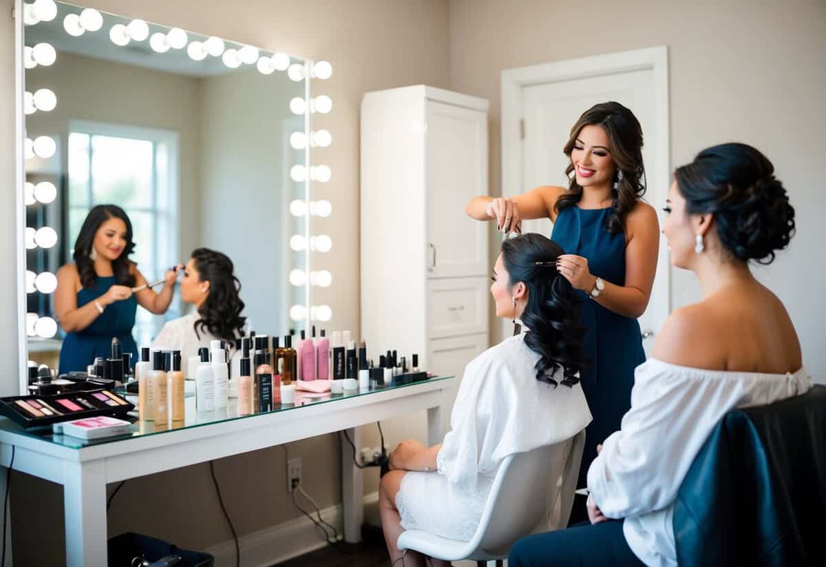 A hairstylist and makeup artist working on a bride's hair and makeup in a well-lit and spacious room with a large mirror and an array of beauty products on a table