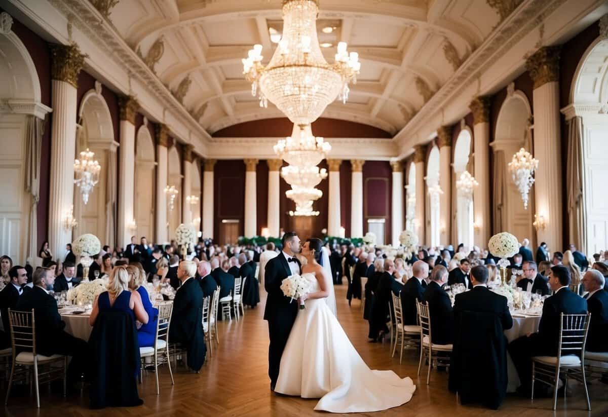 A grand ballroom with elegant decorations and formal attire