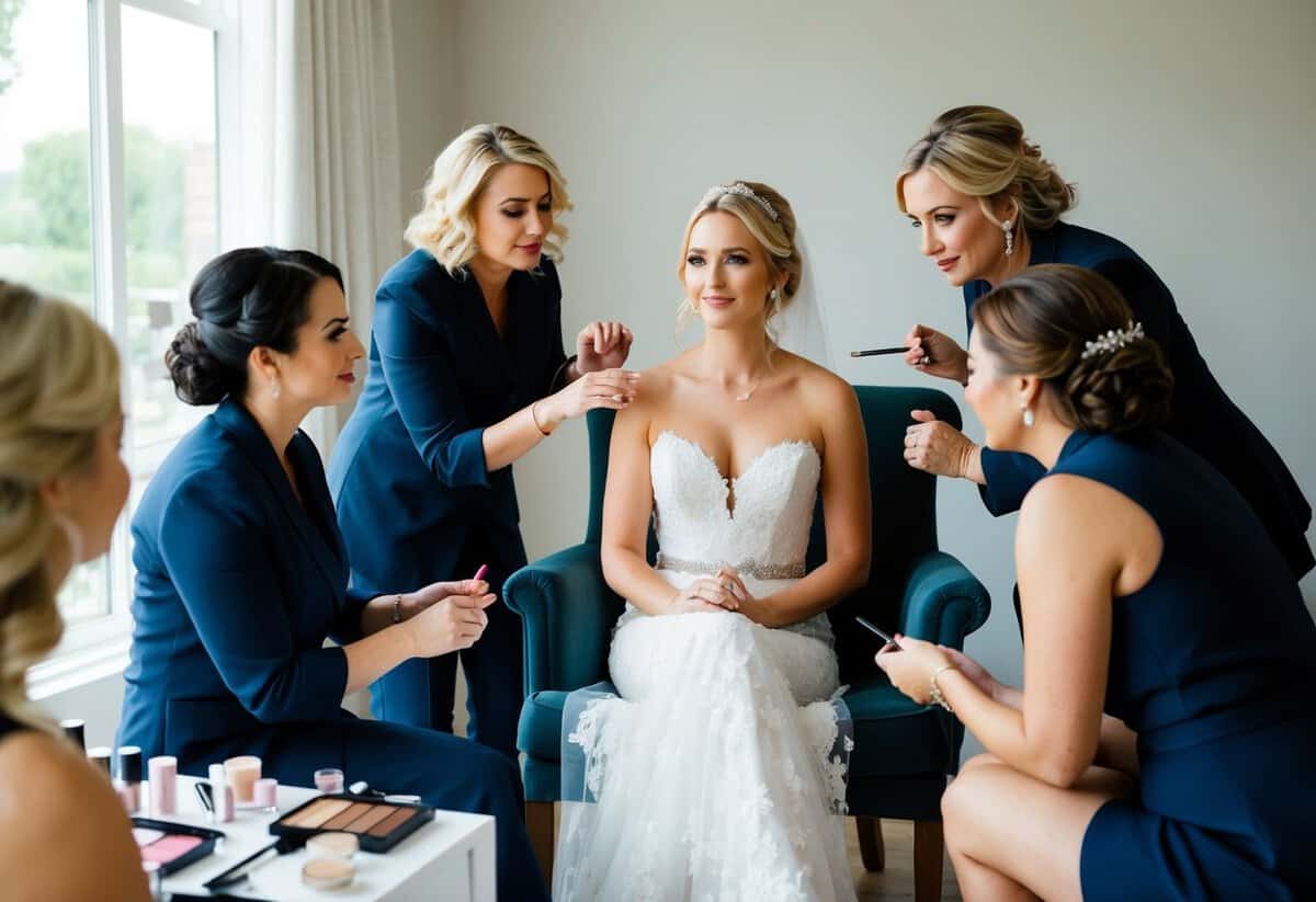 A bride sitting in a chair surrounded by her beauty team, discussing the timeline for starting makeup before the wedding