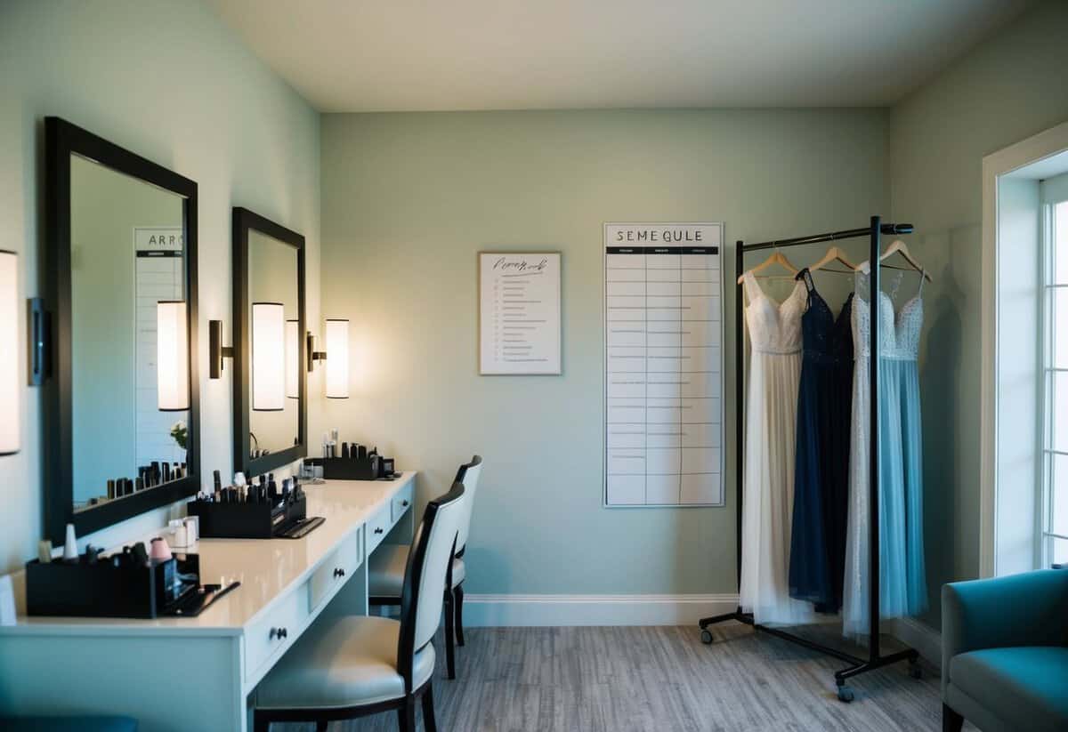 A serene bridal suite with hair and makeup stations, a rack of wedding attire, and a schedule pinned to the wall