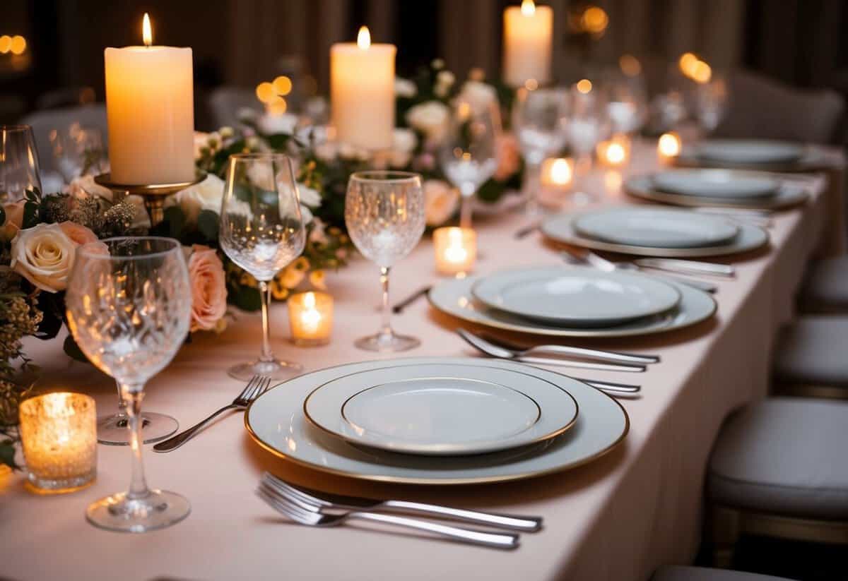 A table set with elegant dinnerware, sparkling glassware, and a floral centerpiece, all bathed in the warm glow of candlelight
