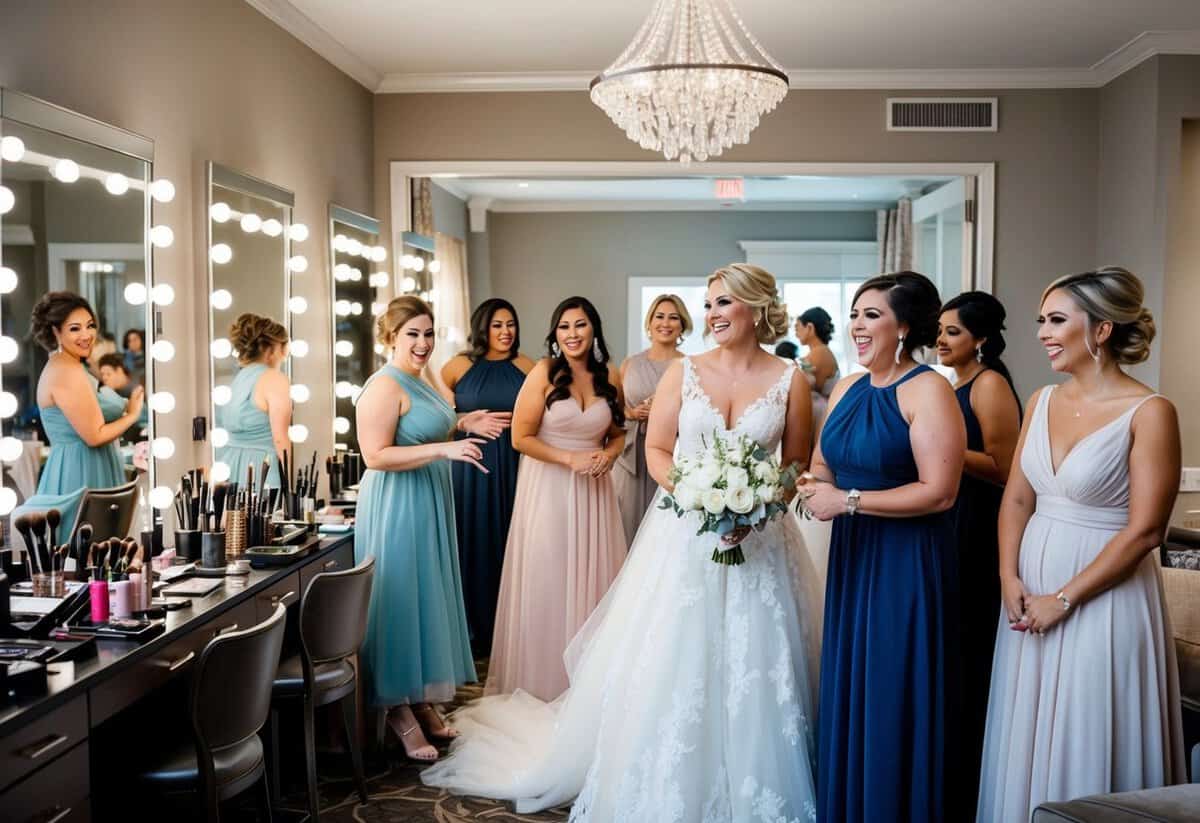 A bustling bridal suite with makeup stations, hairstyling tools, and racks of elegant dresses. Bridesmaids and the bride's family chat and laugh while getting ready for the wedding