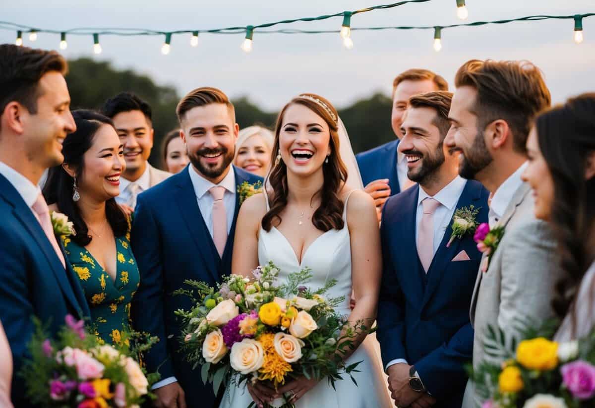 A bride and groom stand in a circle of loved ones, smiling and laughing together, surrounded by twinkling lights and colorful flowers