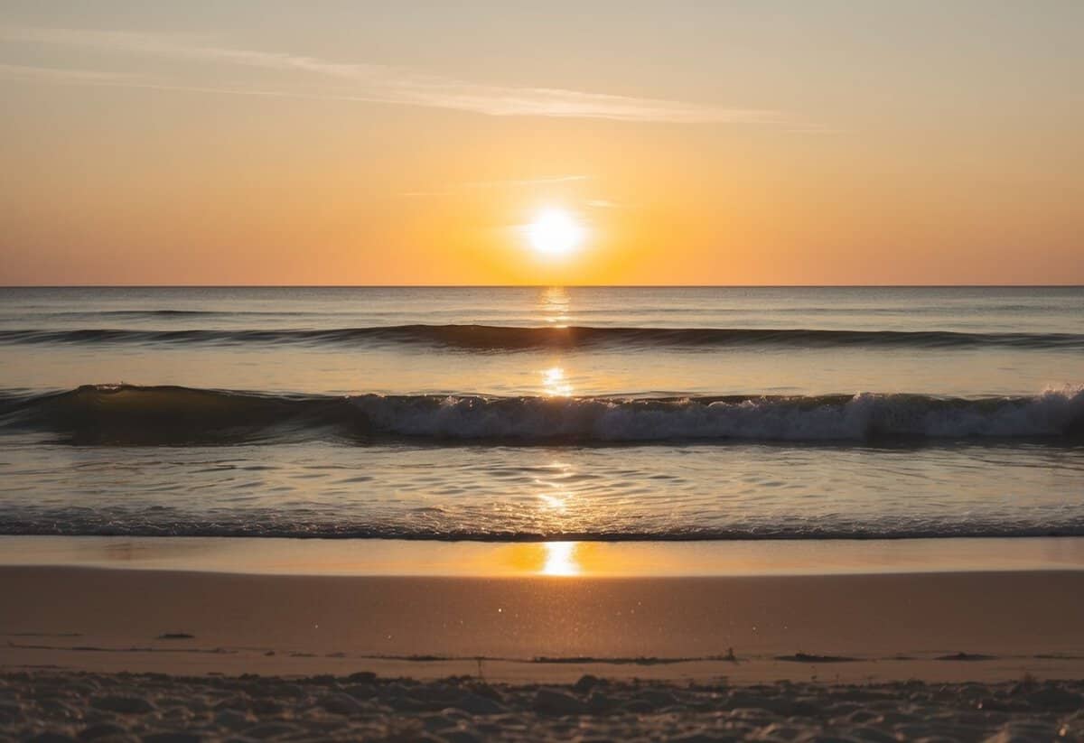 A golden sun setting over a tranquil beach, casting warm hues on the sand and gentle waves, creating a romantic ambiance for a wedding ceremony
