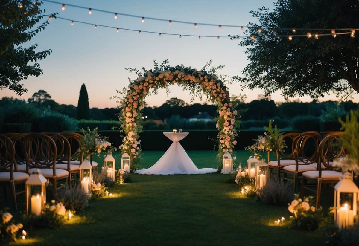 A serene garden at dusk with twinkling lights, a floral arch, and a romantic setting for a wedding ceremony