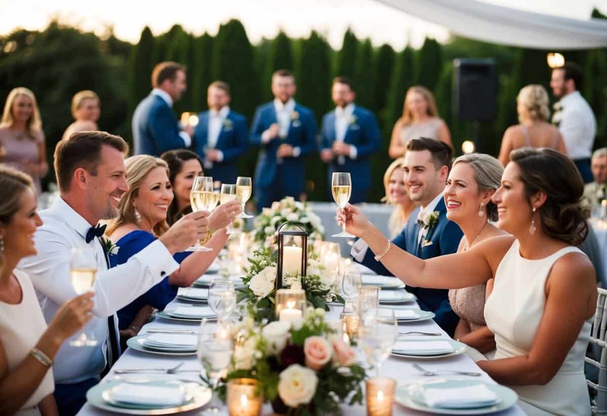 Guests toast, chat, and mingle at the outdoor wedding reception. Tables are adorned with flowers and candles, while a live band plays in the background