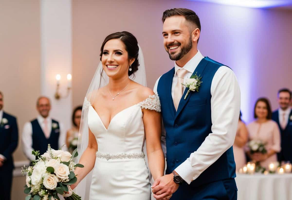 The bride and groom are introduced first at the wedding reception, standing side by side with beaming smiles