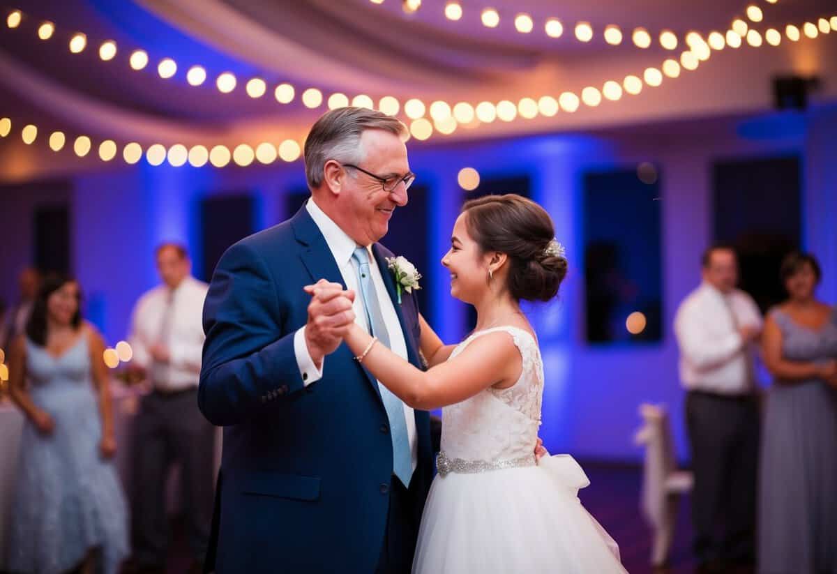 A father and daughter dancing under twinkling lights at a wedding reception