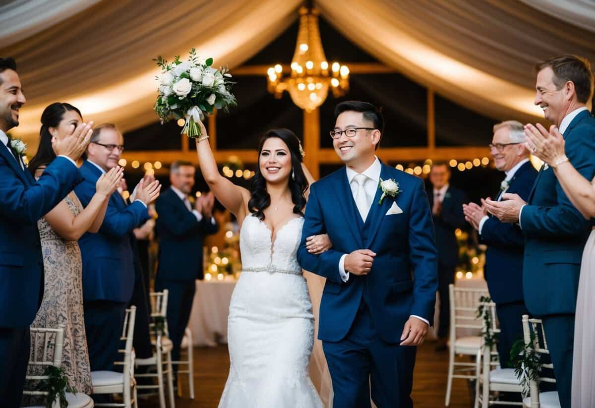 The newlyweds are introduced first at the wedding reception, greeted with cheers and applause from the guests
