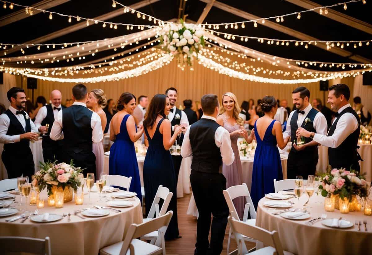 Guests dancing under twinkling lights, while waitstaff serve champagne and hors d'oeuvres. Tables are adorned with floral centerpieces and flickering candles