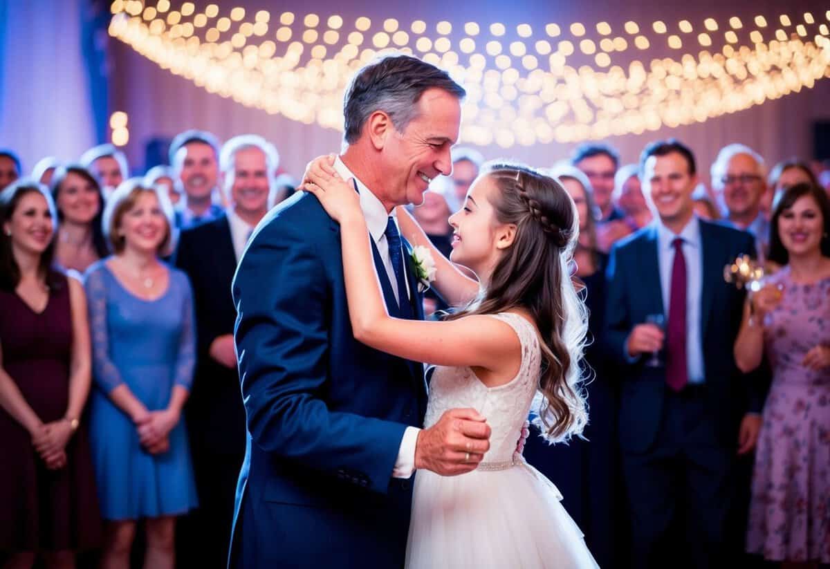 A father and daughter dance together, surrounded by twinkling lights and a crowd of smiling onlookers. Music fills the air, and the pair shares a tender moment in the spotlight