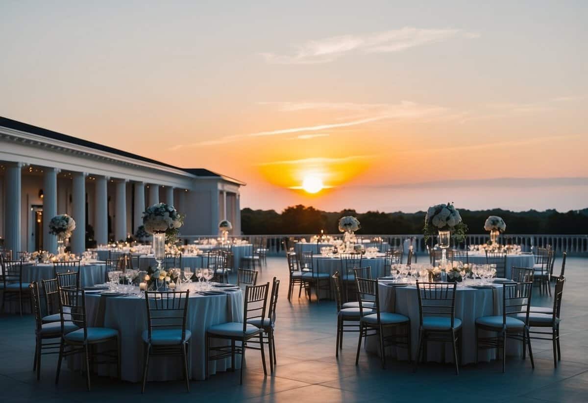 A sun setting behind a grand, empty wedding venue, with tables set for a reception but no guests in sight