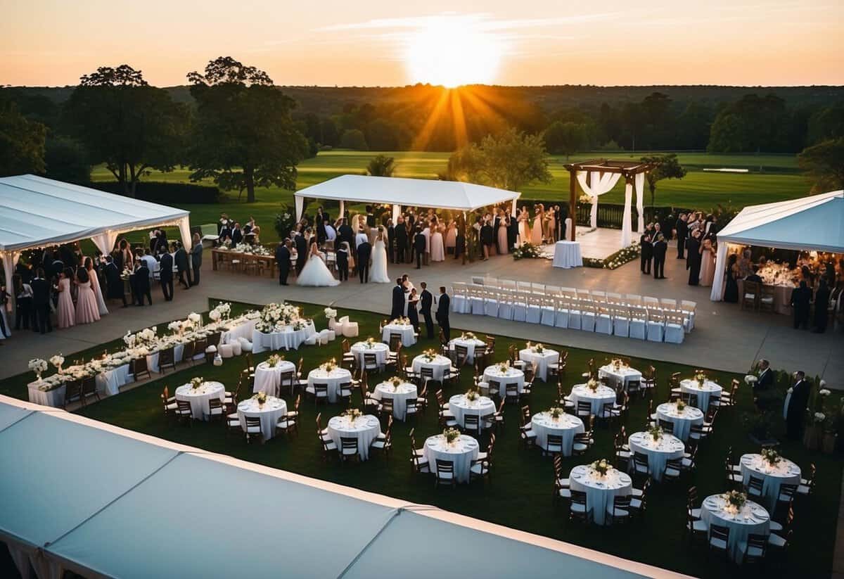 A bustling wedding venue with guests arriving, tables being set, and a ceremony space being prepared. The sun is beginning to set, casting a warm glow over the scene