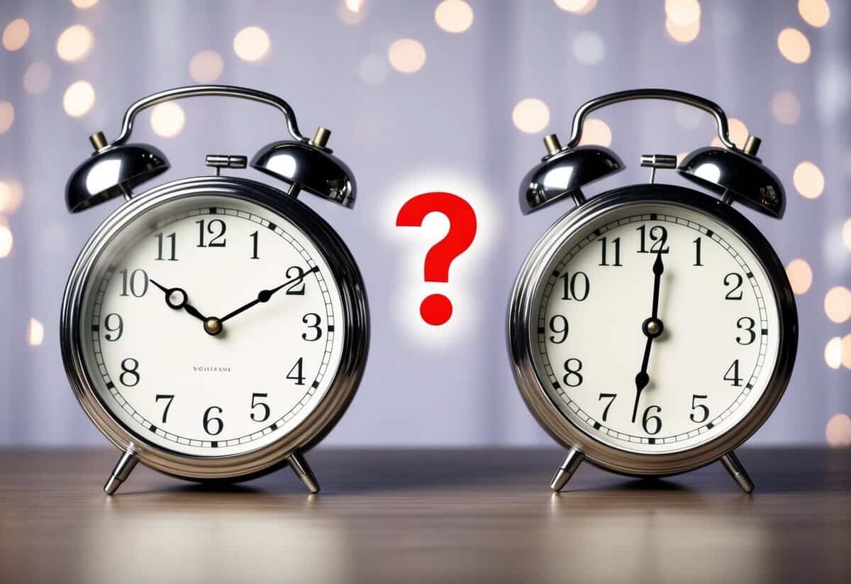A clock with hands pointing to the time of the wedding and the time of the reception, with a question mark in between