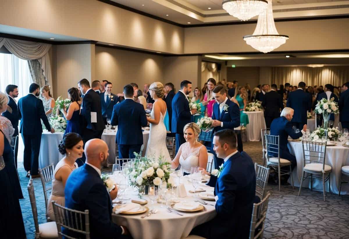 A bustling wedding venue with guests arriving, tables being set, and decorations being arranged in a time crunch